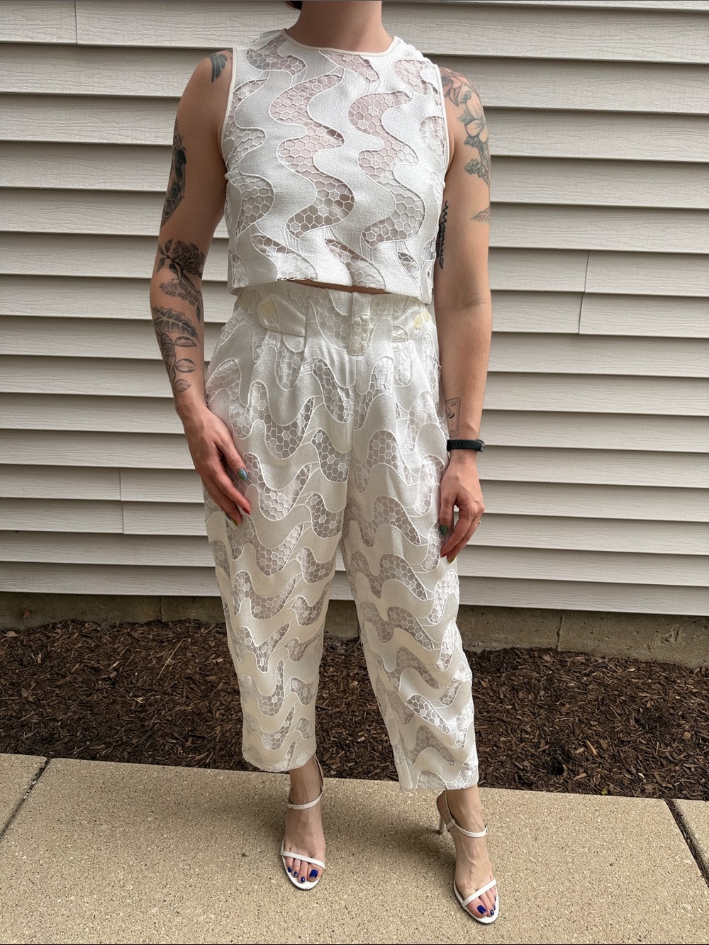 Emporio Armani White Lace Crop Top & Cropped Pants Set